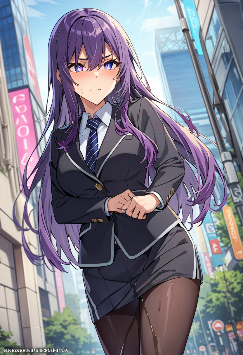 (masterpiece:1.37), best quality, (extremely detailed:1.37), woman, adult, mature, large breasts, (very long hair:1.5), dark purple hair, purple eyes, (extremely detailed eyes:1.37), business suit, necktie, long pencil skirt, pantyhose, (desperation:2.0), (wetting: self 3.0), standing, embarrassed, humiliation, blushing, angry, city, futuristic, neon lighting, high-tech