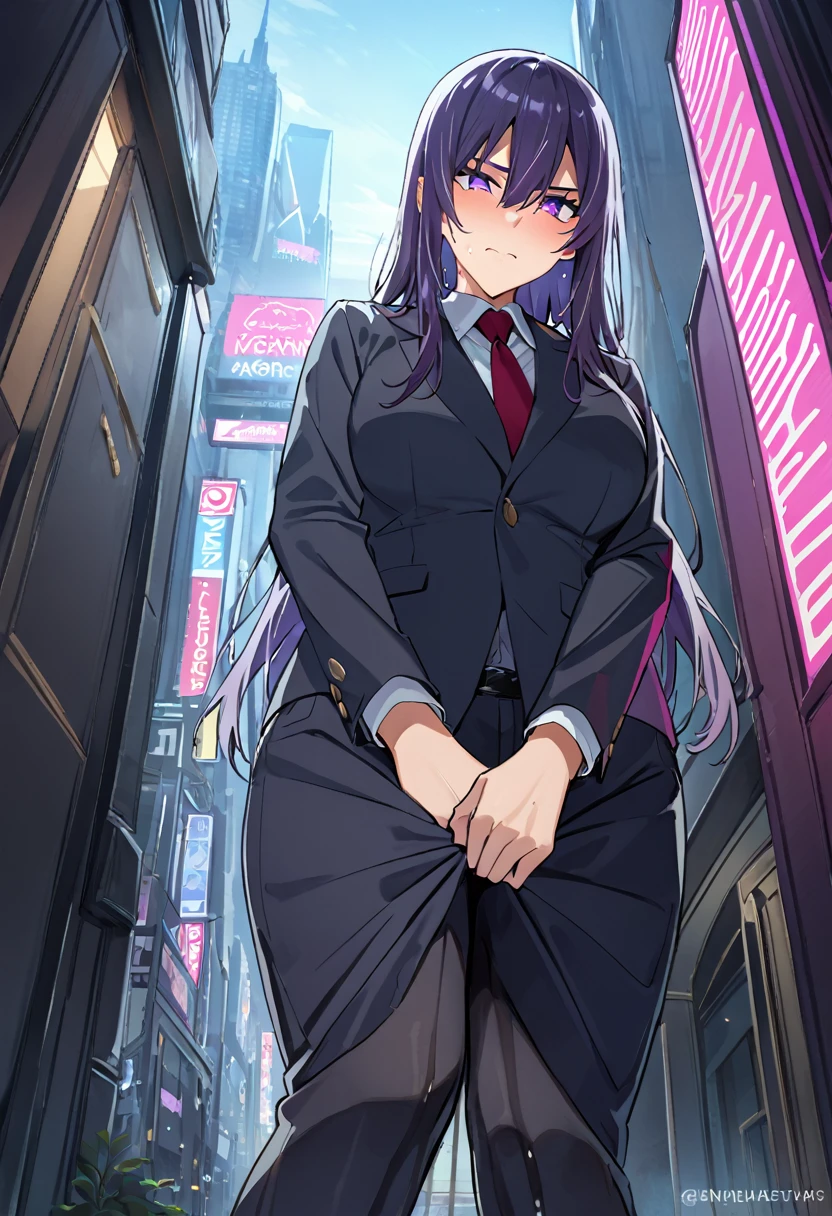 (masterpiece:1.37), best quality, (extremely detailed:1.37), woman, adult, mature, large breasts, (very long hair:1.5), dark purple hair, purple eyes, (extremely detailed eyes:1.37), business suit, necktie, long pencil skirt, pantyhose, (desperation:2.0), (wetting: self 3.0), standing, embarrassed, humiliation, blushing, angry, city, futuristic, neon lighting, high-tech