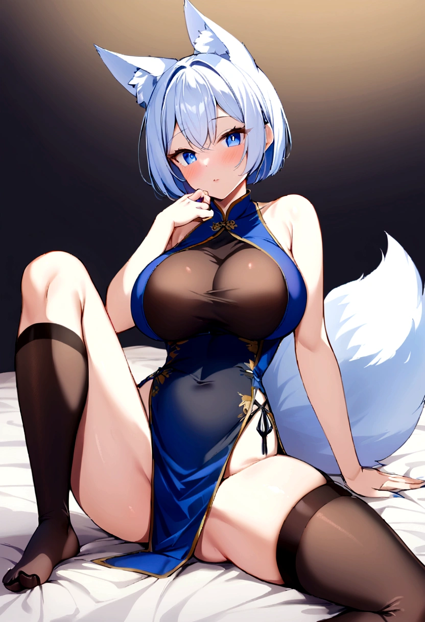score_9,score_8_up,score_7_up,score_6_up,score_5_up,score_4_up, 1girl, pretty girl, demi-fox-human, sexy tall women, thin seductive body, big breasts, white bob cut, white fox ears, fluffy white fox tail, blue eyes, black eyeliner, blue mascara, laying on bed, spread legs, wearing tight and short blue qipao, wearing stocking