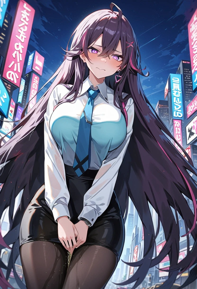 (masterpiece:1.37), best quality, (extremely detailed:1.37), woman, (mature:1.5), (adult:1.5), large breasts, very long hair, (straight hair:1.5), dark purple hair, purple eyes, (extremely detailed eyes:1.37), stylish jacket, jeans, desperation, (wetting self:1.5), standing, embarrassed, humiliation, blushing, angry, city, futuristic, neon lighting, high-tech, street, skyscraper