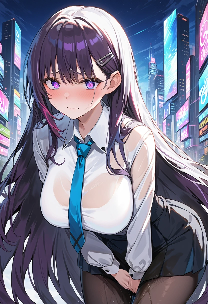 (masterpiece:1.37), best quality, (extremely detailed:1.37), woman, adult, mature, large breasts, (very long hair:1.5), dark purple hair, purple eyes, (extremely detailed eyes:1.37), business suit, necktie, long pencil skirt, pantyhose, (desperation:2.0), (wetting: self 3.0), standing, embarrassed, humiliation, blushing, angry, city, futuristic, neon lighting, high-tech