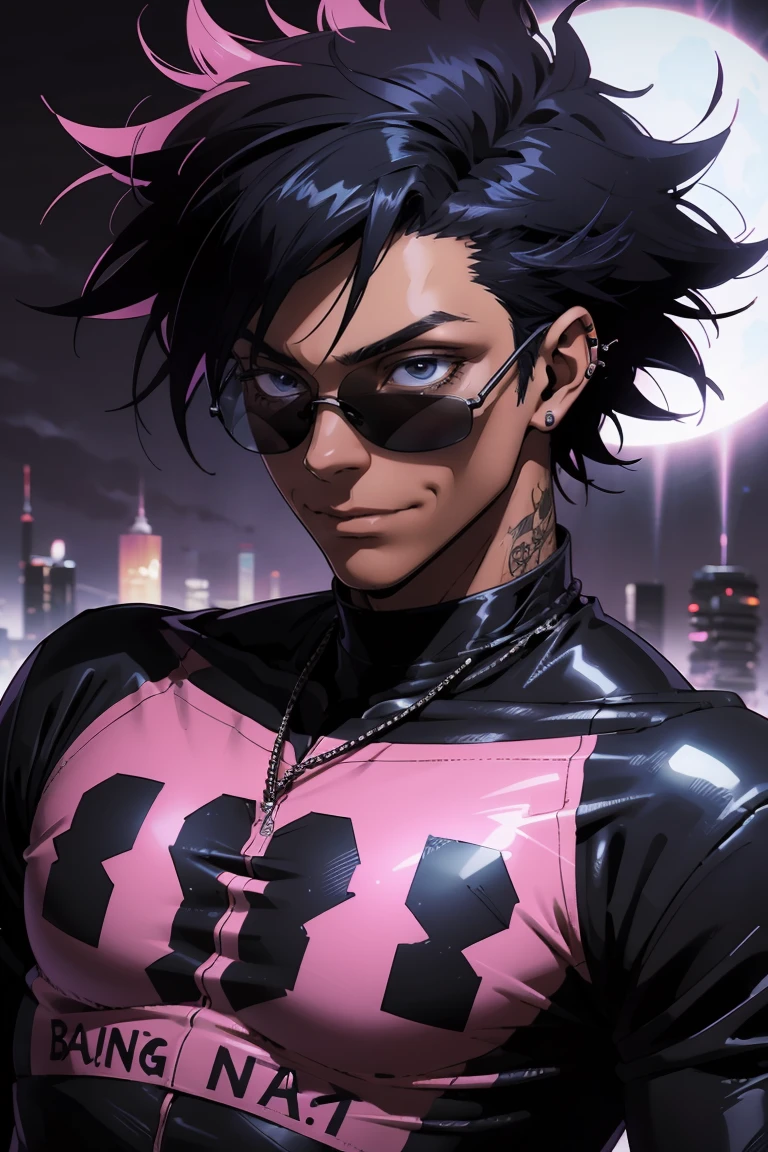 Black young man, strong man, punk clothes, cool sun glasses, punk hair, black hair, pink hair, piercings, tattoo, smile, Night, dark place, black man, dark blue eyes, rockstar