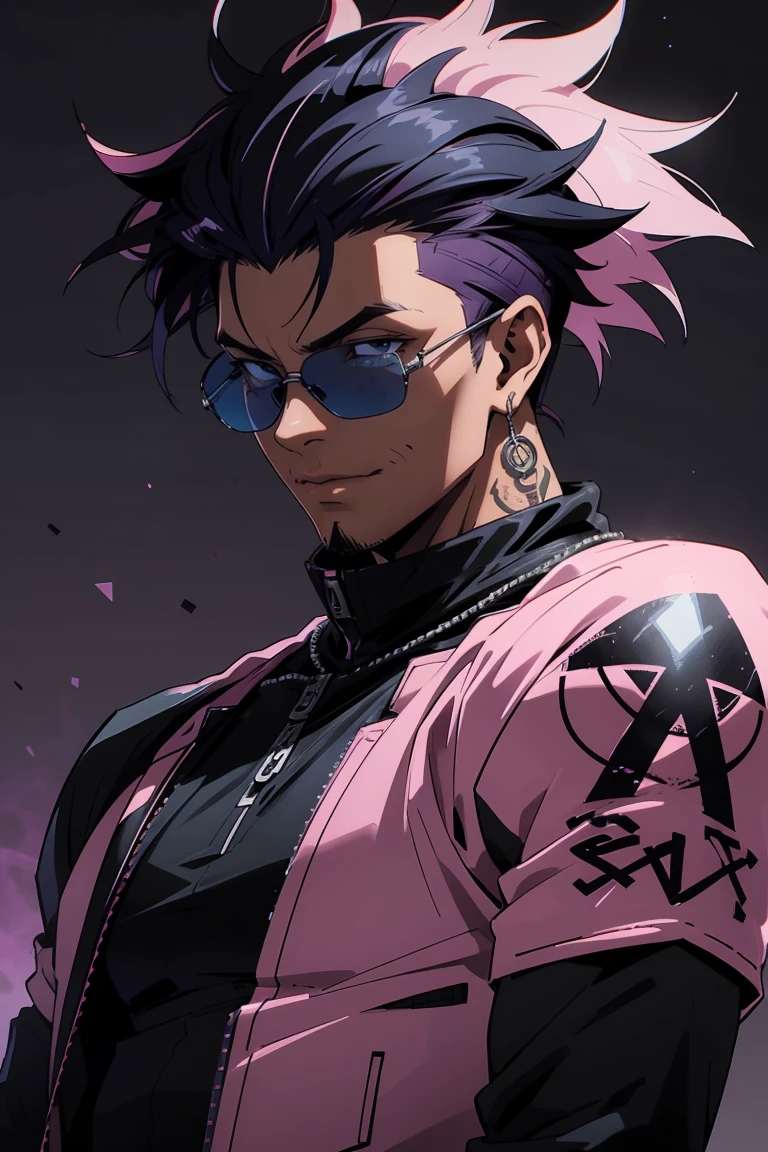 Black young man, strong man, punk clothes, cool sun glasses, punk hair, black hair, pink hair, piercings, tattoo, smile, Night, dark place, black man, dark blue eyes, rockstar