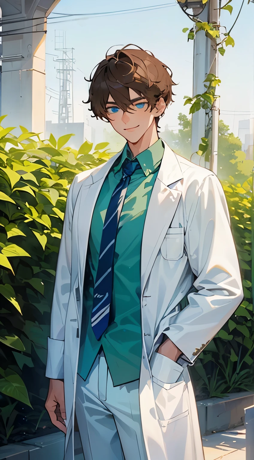 Fine, (Best Illustration), Intricate Detail, Best Quality, Ultra Detailed, Best Lighting, Best Shadow, Ultra HD, (((Handsome Young Man))), (((Handsome Young Man))), (Smile, Shut Up), (((Teenage: 1.5))), (Glow Dark Blue Eyes), ((Eyes with Light)), (Short Brown Hair: 1.1))), (Hair Between Eyes), ((White Clothes)), (Dark Blue Tie)\\, \\ ((Green Shirt))\\,\\ ((wearing a high-detail white lab coat)))\,\\dark blue trousers\\,\\ intricate details, (standing), small garden sidewalk, industrial photography