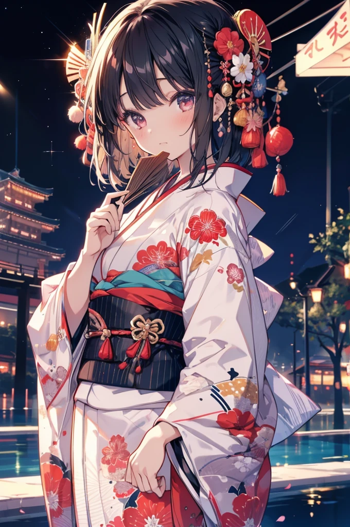 One Girl, Japanese, kimono, Hold a fan, good, Beautiful poop, delicate, cute, Black-haired, Narrow eyes, ((Head to waist)), masterpiece, Highest quality, Ultra HD
