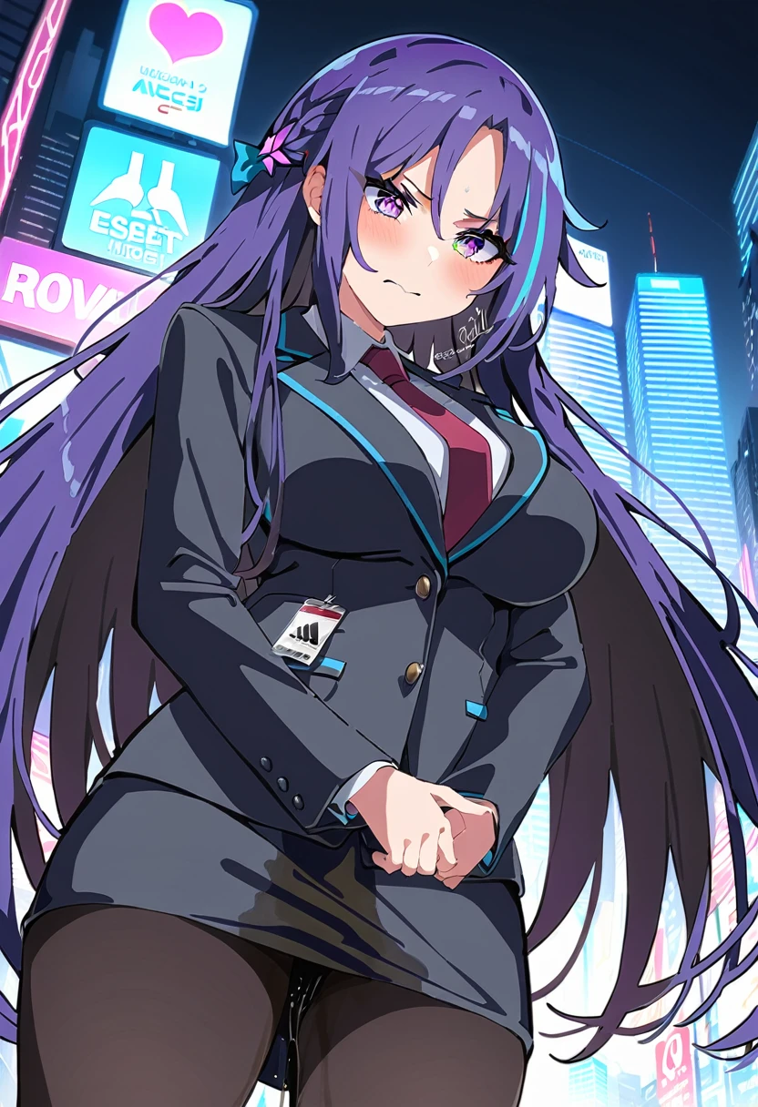 (masterpiece:1.37), best quality, (extremely detailed:1.37), woman, adult, mature, large breasts, (very long hair:1.5), dark purple hair, purple eyes, (extremely detailed eyes:1.37), business suit, necktie, long pencil skirt, pantyhose, (desperation:2.0), (wetting: self 3.0), standing, embarrassed, humiliation, blushing, angry, city, futuristic, neon lighting, high-tech
