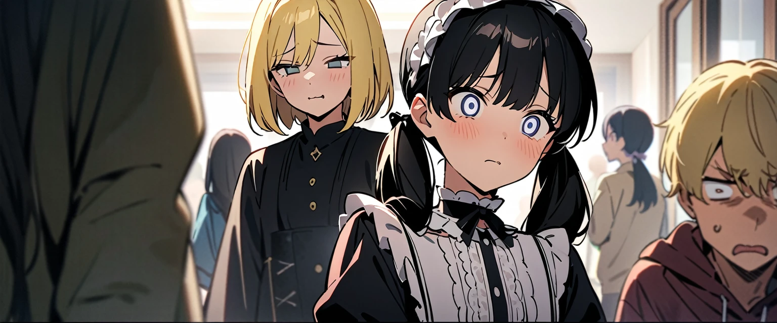 (((masterpiece,Highest quality))),((Two people)),(((An anime woman with black hair in twin tails, wearing Lolita fashion, with dull eyes and a sickly expression,A blonde anime guy with a bad look and rock-style fashion))),((洋室のリビングでTwo peopleが向かい合っている)),Focus on people,(high quality),アニメ