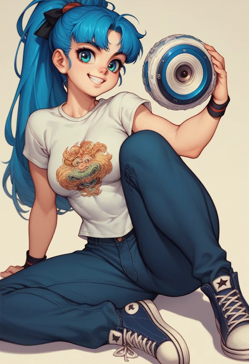 1 young, medium-tall 16-year-old girl, 90s anime style. Her purplish blue hair is long with a ponytail and double bangs.. His large eyes have a blue iris and pointed eyebrows., with a confident smile on his face.
Wear a green short-sleeved T-shirt with an alternating yellow and white pattern design.. Your pants are blue. His shoes are converse-type sneakers between black and white.. Has black wristbands. 
Her body is a little voluptuous and somewhat massed.