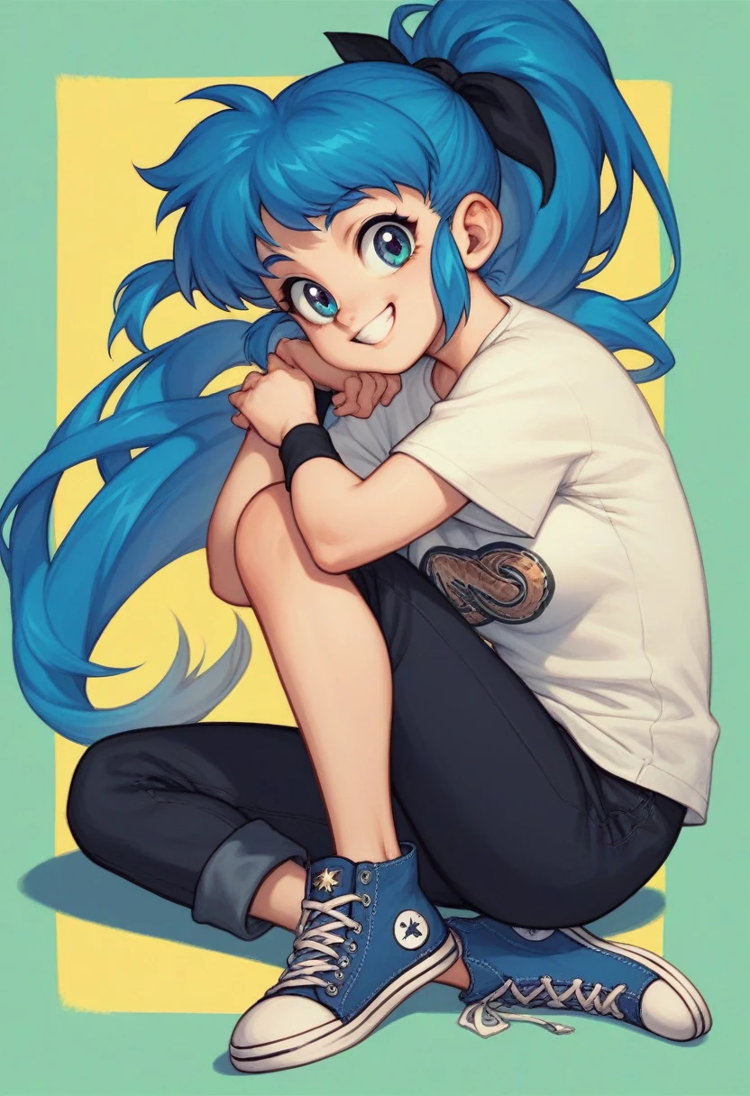 1 young, medium-tall 16-year-old girl, 90s anime style. Her purplish blue hair is long with a ponytail and double bangs.. His large eyes have a blue iris and pointed eyebrows., with a confident smile on his face.
Wear a green short-sleeved T-shirt with an alternating yellow and white pattern design.. Your pants are blue. His shoes are converse-type sneakers between black and white.. Has black wristbands. 
Her body is a little voluptuous and somewhat massed.