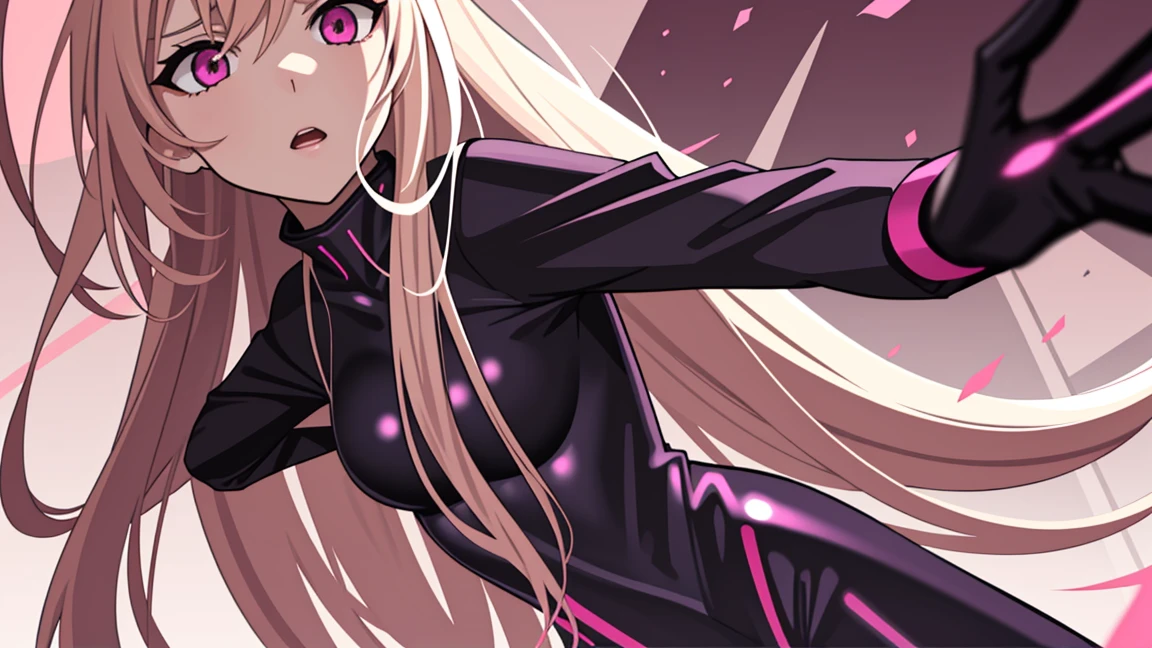 adult woman, pink eyes, long blonde hair, black-pink plugsuit, furious
