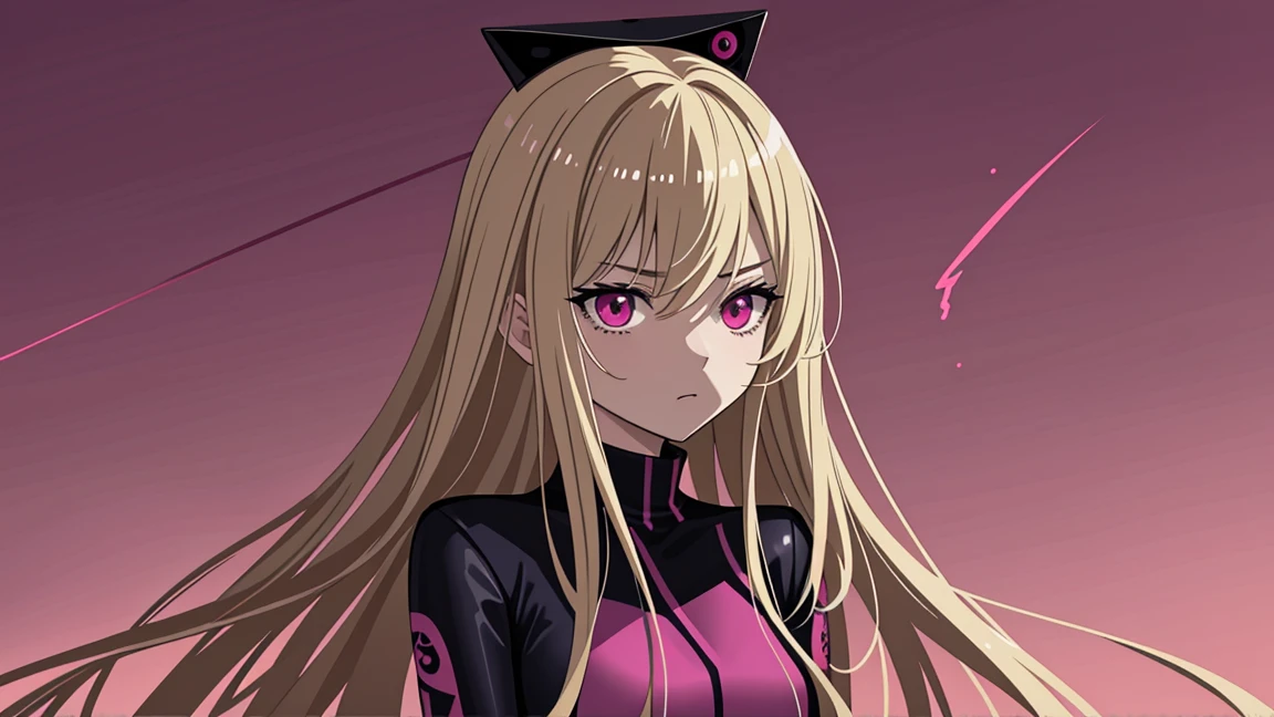 adult woman, pink eyes, long blonde hair, black-pink plugsuit, furious