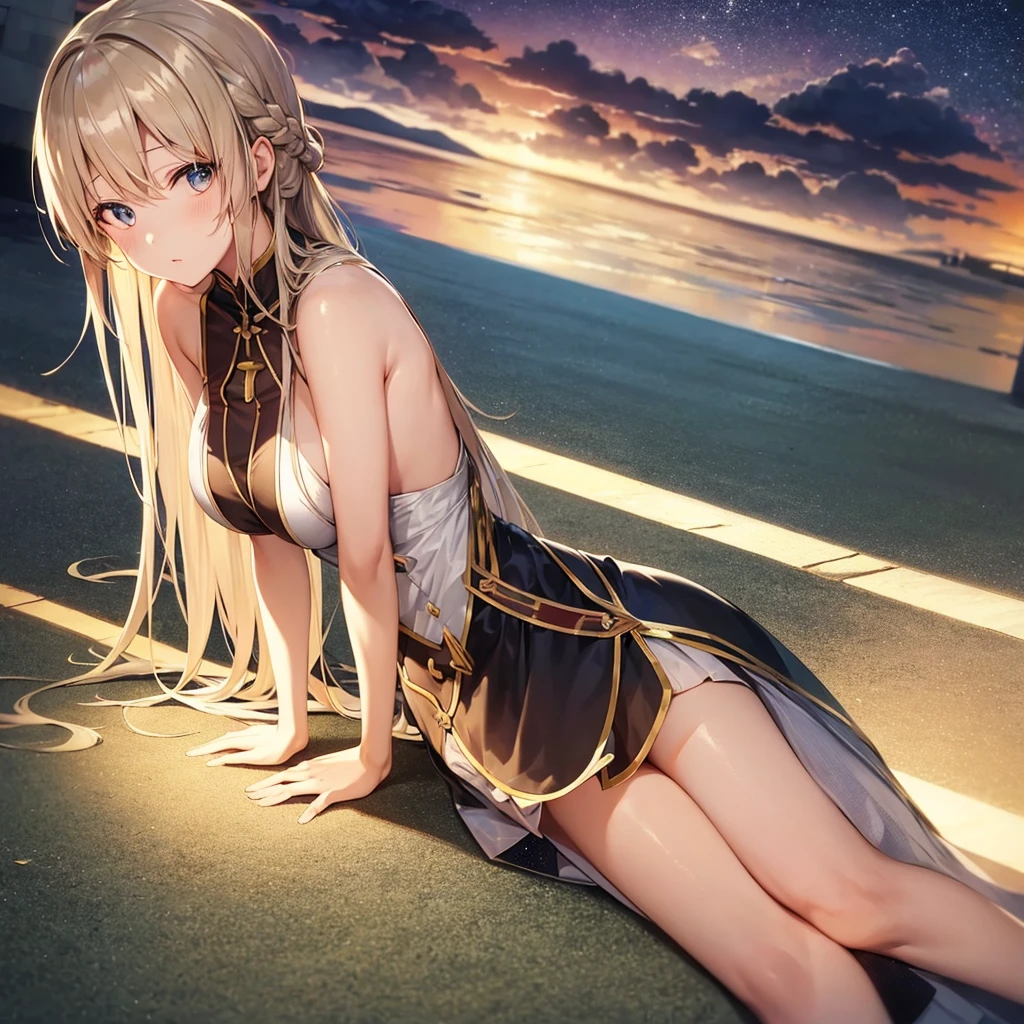 asuna,sao, crown half up hairstyle,, leaning forward, girlan extremely delicate and beautiful girl, shiny platinum blonde hair, dusk sky,