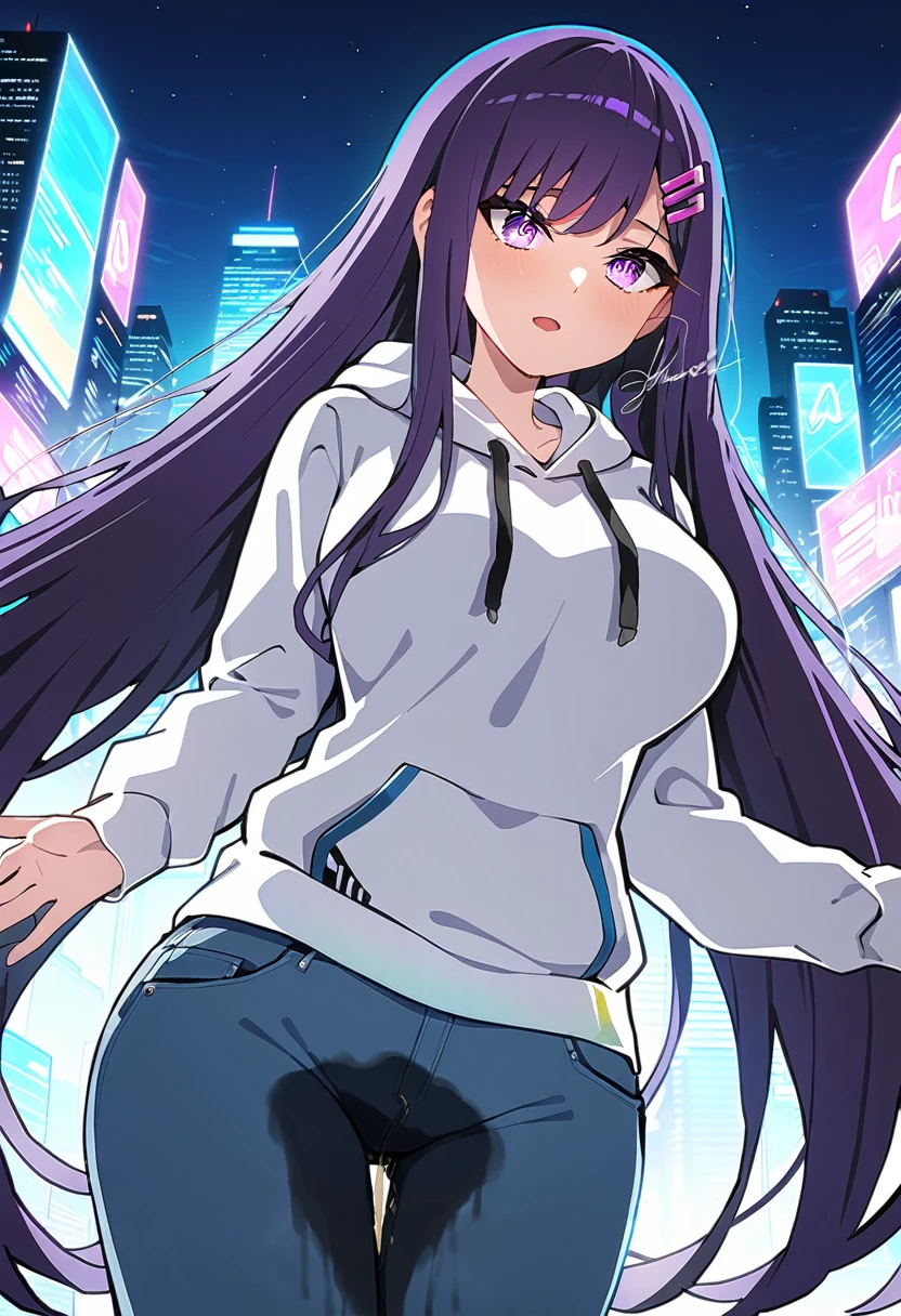 (masterpiece:1.37), best quality, (extremely detailed:1.37), woman, mature, adult, large breasts, (very long hair:1.5), dark purple hair, purple eyes, (extremely detailed eyes:1.37), hoodie, jeans, desperation, (wetting: self 3.0), standing, city, futuristic, neon lighting, high-tech