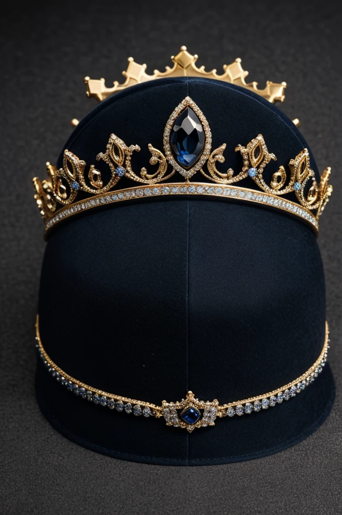 Realistic king crown, aged black color and navy blue jewels.