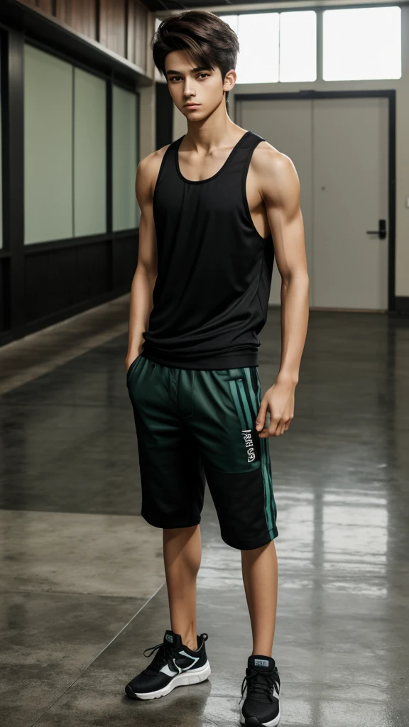 16 year old boy, 1.60 cm tall, dark green eyes, long dark brown hair, slim and muscular ,wind breaker style and long face, fighter
Anime, dressed in a white tank top and long black trousers