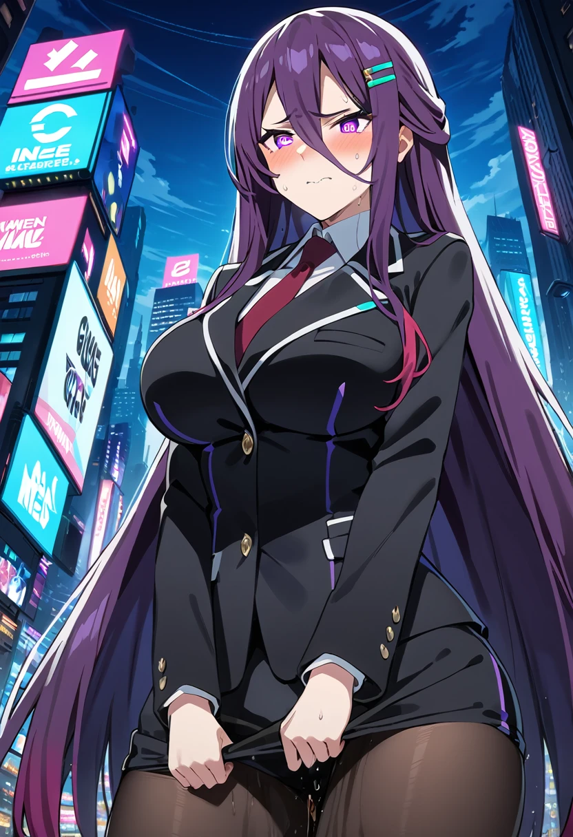 (masterpiece:1.37), best quality, (extremely detailed:1.37), woman, adult, mature, large breasts, (very long hair:1.5), dark purple hair, purple eyes, (extremely detailed eyes:1.37), business suit, necktie, long pencil skirt, pantyhose, (desperation:2.0), (wetting: self 3.0), standing, embarrassed, humiliation, blushing, angry, city, futuristic, neon lighting, high-tech