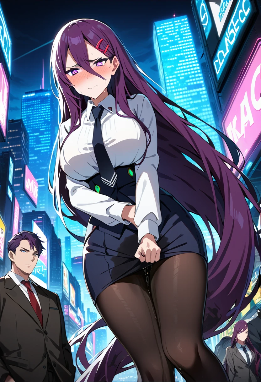 (masterpiece:1.37), best quality, (extremely detailed:1.37), woman, adult, mature, large breasts, (very long hair:1.5), dark purple hair, purple eyes, (extremely detailed eyes:1.37), business suit, necktie, long pencil skirt, pantyhose, (desperation:2.0), (wetting: self 3.0), standing, embarrassed, humiliation, blushing, angry, city, futuristic, neon lighting, high-tech