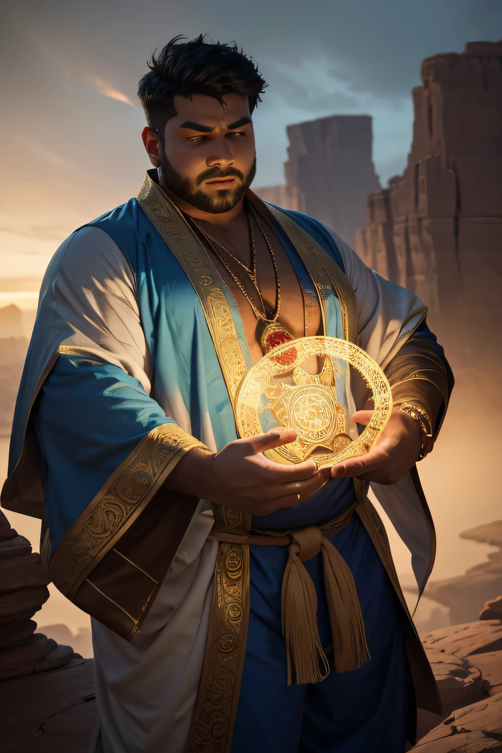 (8K, high definition, high quality, highly detailed) Handsome Indian Mage. chubby. hyper-masculine. chanting a spell. glowing magical hands. wearing long robes over cotton shirt. wearing long oriental pants. wearing an amulet. wearing an intricate sash as belt. robes are blown by the wind. blue and gold color palette. desolate canyon on the background. overcast skies. somber atmosphere. blurred background.