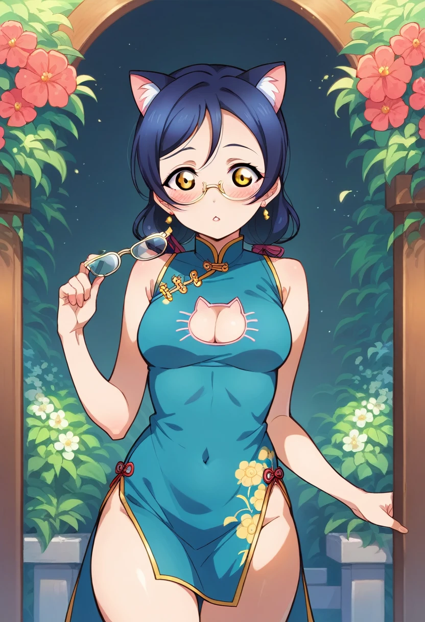 Masterpiece, best quality,Solo, cowboy shot,Sonoda umi love live, Chinese dress,cat cleavage cutout, flowers printed, glasses, day,golden eyes,(blushing:1.2),high side slit , thighs