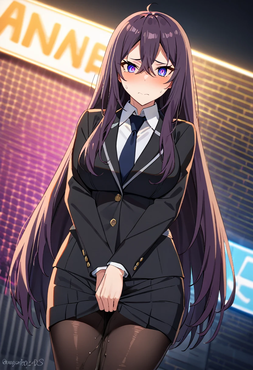 (masterpiece:1.37), best quality, (extremely detailed:1.37), woman, adult, mature, large breasts, (very long hair:1.5), dark purple hair, purple eyes, (extremely detailed eyes:1.37), business suit, necktie, long pencil skirt, pantyhose, (desperation:2.0), (wetting: self 3.0), standing, embarrassed, humiliation, blushing, angry, city, futuristic, neon lighting, high-tech