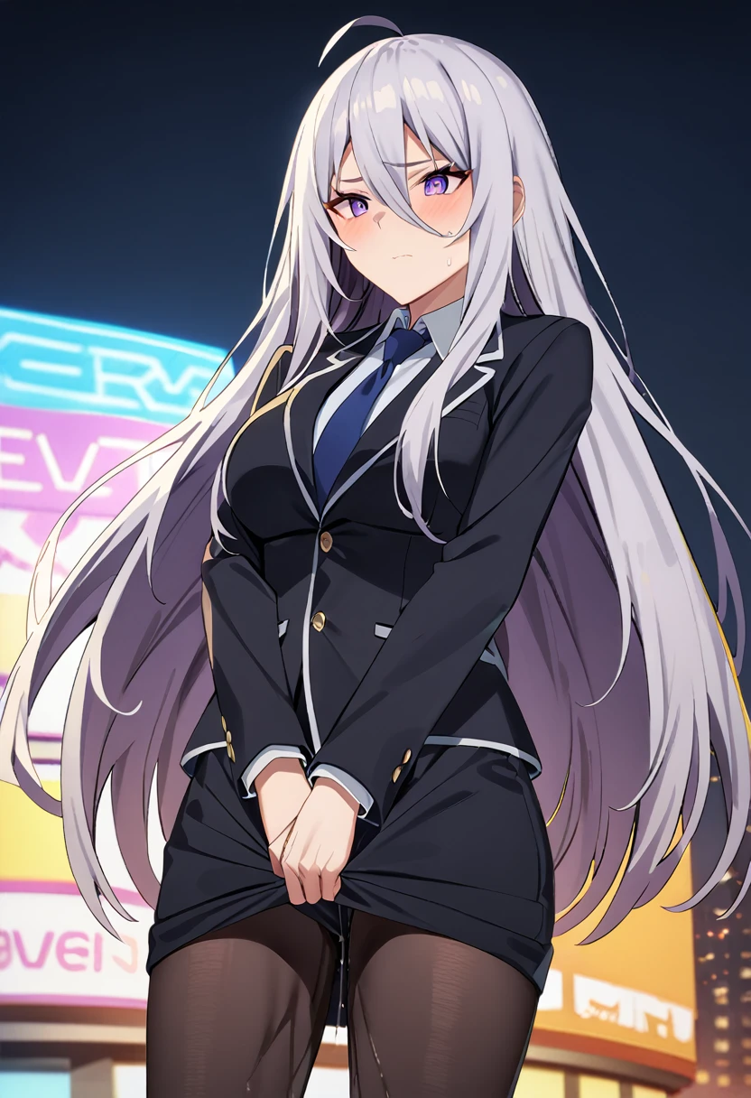 (masterpiece:1.37), best quality, (extremely detailed:1.37), woman, adult, mature, large breasts, (very long hair:1.5), dark purple hair, purple eyes, (extremely detailed eyes:1.37), business suit, necktie, long pencil skirt, pantyhose, (desperation:2.0), (wetting: self 3.0), standing, embarrassed, humiliation, blushing, angry, city, futuristic, neon lighting, high-tech