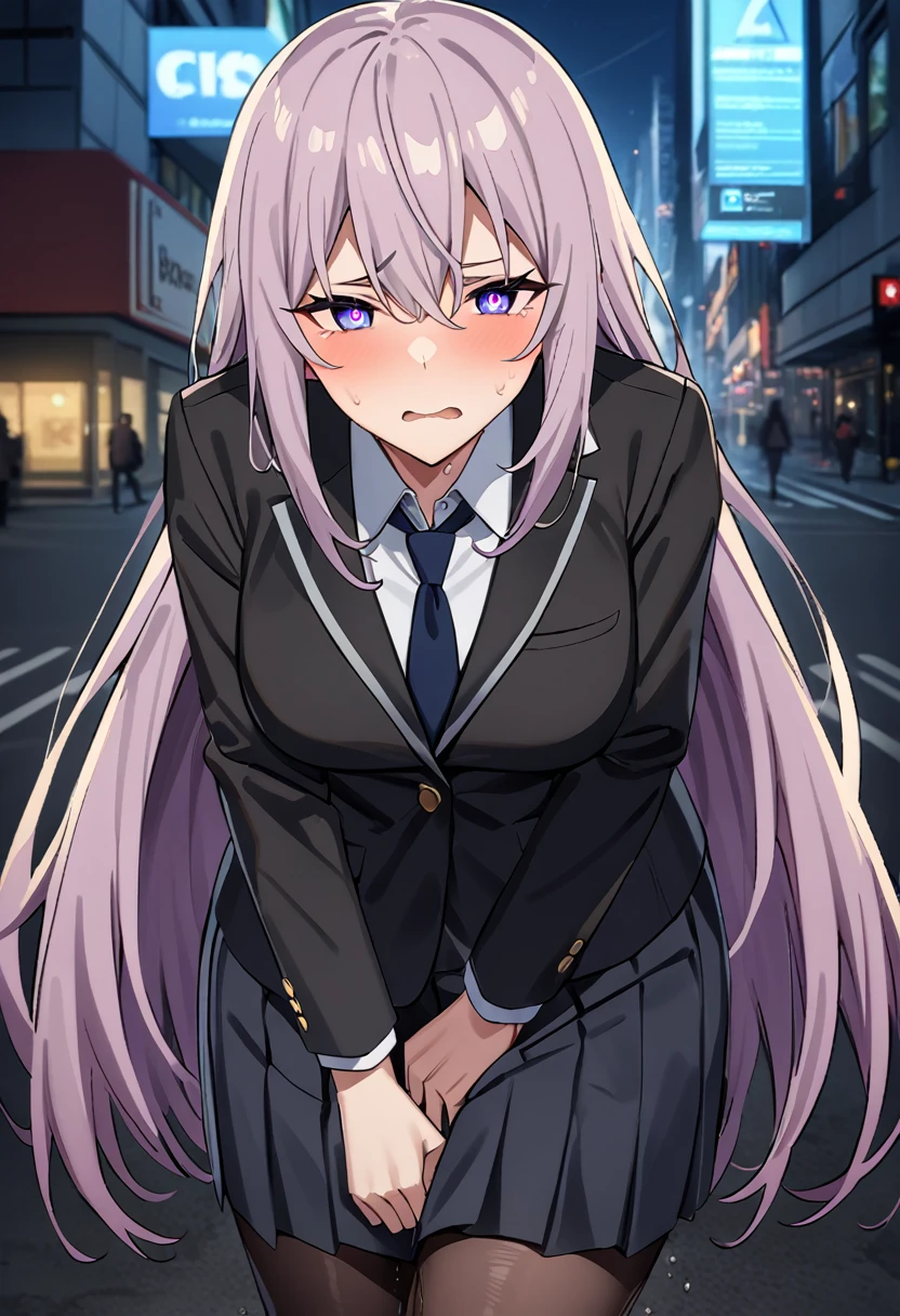 (masterpiece:1.37), best quality, (extremely detailed:1.37), woman, adult, mature, large breasts, (very long hair:1.5), dark purple hair, purple eyes, (extremely detailed eyes:1.37), business suit, necktie, long pencil skirt, pantyhose, (desperation:2.0), (wetting: self 3.0), standing, embarrassed, humiliation, blushing, angry, city, futuristic, neon lighting, high-tech