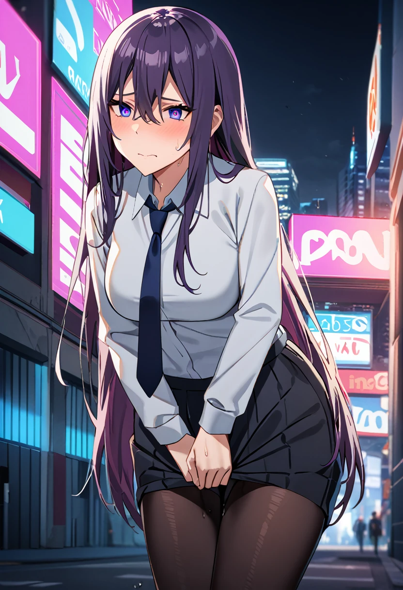 (masterpiece:1.37), best quality, (extremely detailed:1.37), woman, adult, mature, large breasts, (very long hair:1.5), dark purple hair, purple eyes, (extremely detailed eyes:1.37), business suit, necktie, long pencil skirt, pantyhose, (desperation:2.0), (wetting: self 3.0), standing, embarrassed, humiliation, blushing, angry, city, futuristic, neon lighting, high-tech