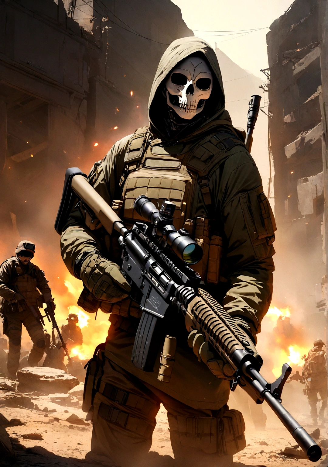 ultra HD, 4K, ultra detaild, cinematic, a photograph of Simon Ghost Riley a man in a skeleton mask containment a rifle modern warfare style,standing alone,mitts,ung boy,containment,Missiles,male focus,Hooded cape,fabric,containment Missiles,missiles,military,mask,containment missiles,rifle,skull,assault rifle,scoping,skull mask, epic, beautiful lighting, inspirational