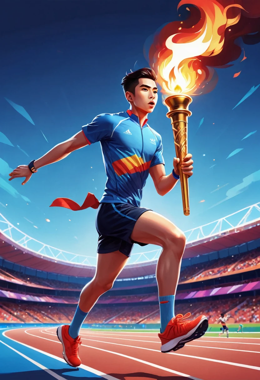 1 person, sock, sports shoes, Red shorts, Blue shirt,holding a torch,Olympic torch,geometry, Art, beautiful, rich and colorful, masterpiece, Top quality, best quality, official Art, beautiful and aesthetic, running, running track, track and field, bloom, track, Race, Asia, whole body.