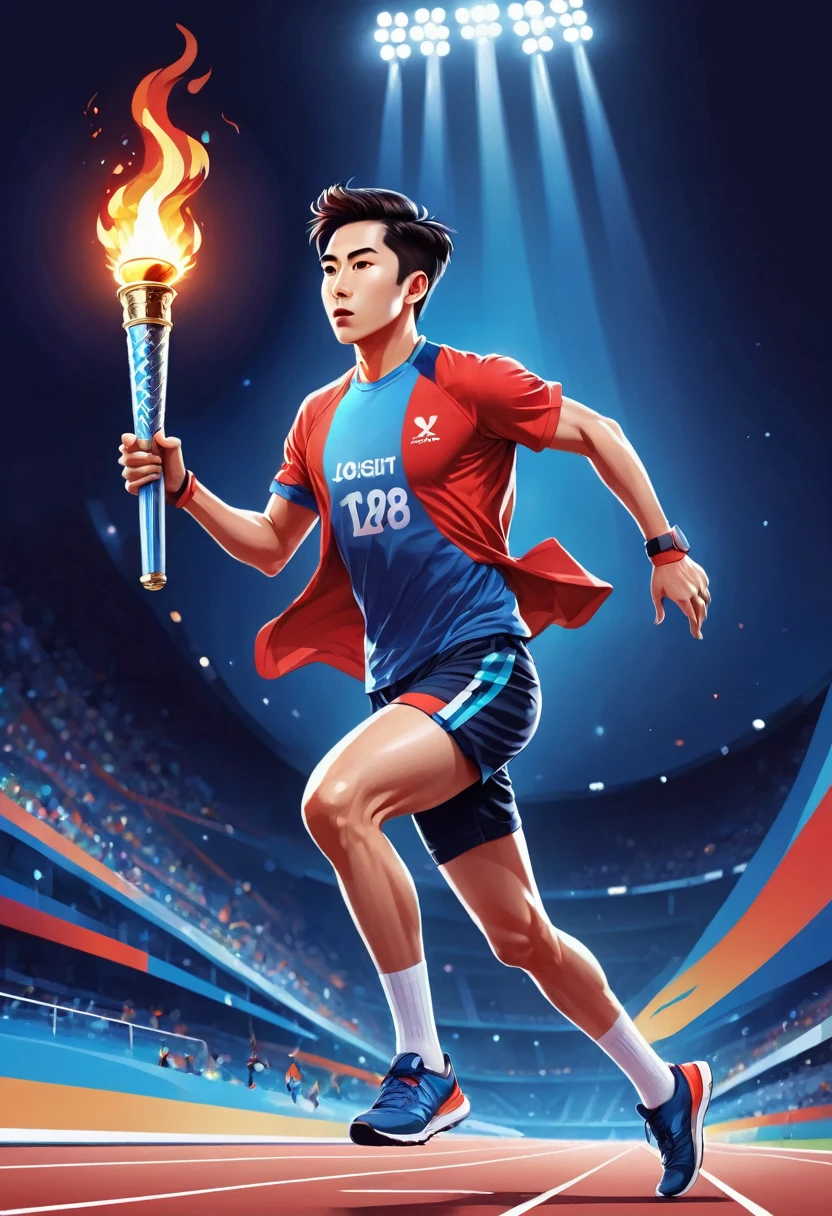 1 person, sock, sports shoes, Red shorts, Blue shirt,holding a torch,Olympic torch,geometry, Art, beautiful, rich and colorful, masterpiece, Top quality, best quality, official Art, beautiful and aesthetic, running, running track, track and field, bloom, track, Race, Asia, whole body.