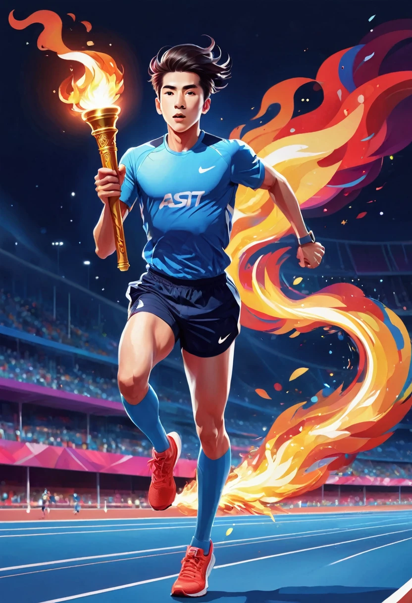1 person, sock, sports shoes, Red shorts, Blue shirt,holding a torch，Olympic torch,geometry, Art, beautiful, rich and colorful, masterpiece, Top quality, best quality, official Art, beautiful and aesthetic, running, running track, track and field, bloom, track, Race, Asia, whole body.