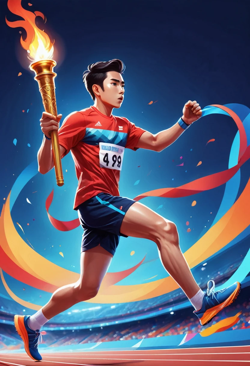 1 person, sock, sports shoes, Red shorts, Blue shirt,holding a torch,Olympic torch,geometry, Art, beautiful, rich and colorful, masterpiece, Top quality, best quality, official Art, beautiful and aesthetic, running, running track, track and field, bloom, track, Race, Asia, whole body.