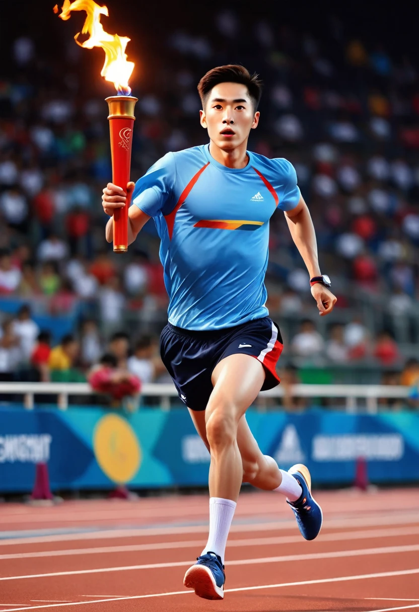 1 person, sock, sports shoes, Red shorts, Blue shirt,holding a torch，Olympic torch,geometry, Art, beautiful, rich and colorful, masterpiece, Top quality, best quality, official Art, beautiful and aesthetic, running, running track, track and field, bloom, track, Race, Asia, whole body.