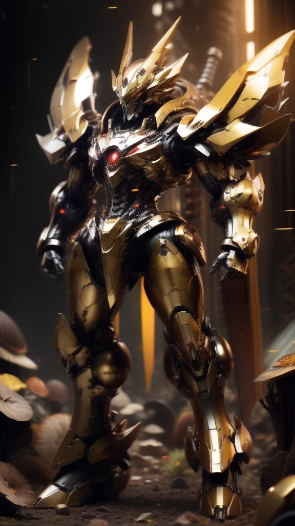 High resolution, golden black red armor, psychedelic details, chaos details, high tech design, show full body portrait , chrome, mushroom, skeleton