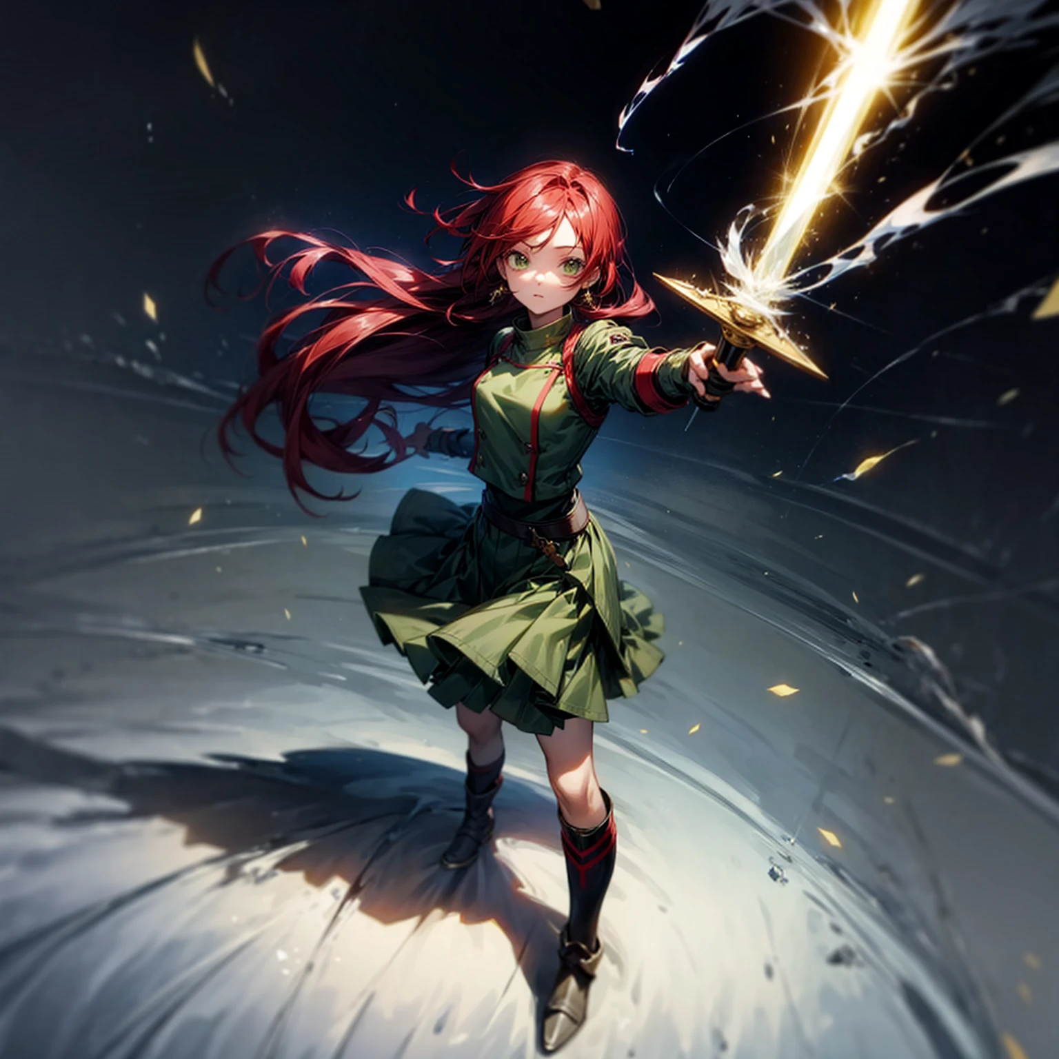 1girl, Full body version, 1character, character is girl, green eyes color, long hairstyle, red colour hair, soldier style clothing, Long skirt, long socks, long boots, red earrings, two gold sword in two hand, full armors in body, full background, Grassroots, background in town, motion blur, shadow, standing gesture, sword emits a black aura, smoke, blue fire, lighting sword, lighting hologram, satan, lighting blue fire 
