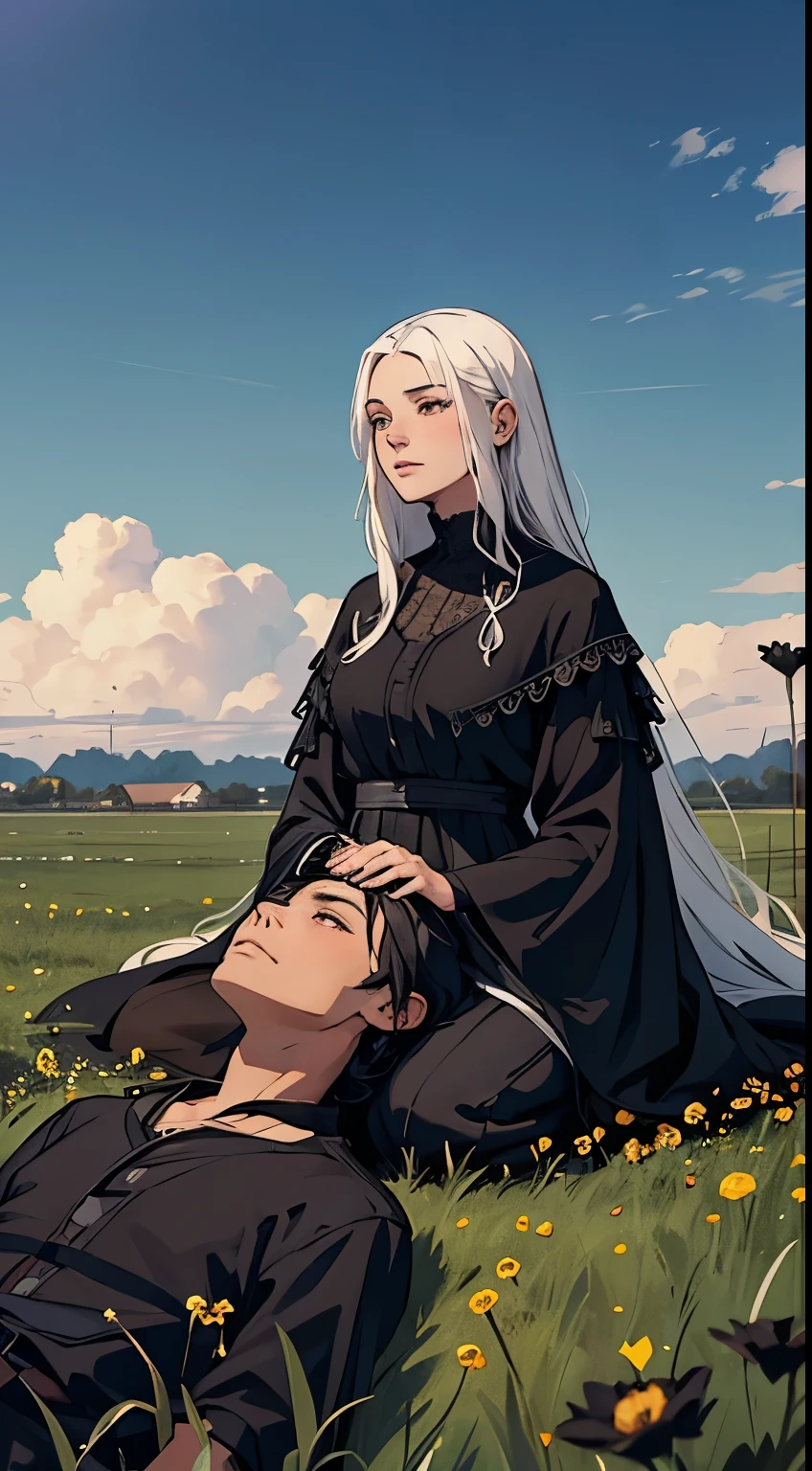 The background is a field of black flowers, with a woman with long white hair lying on the flowers. 

There in the background, a little hidden, is a boy with black hair watching her with a fatherly look.