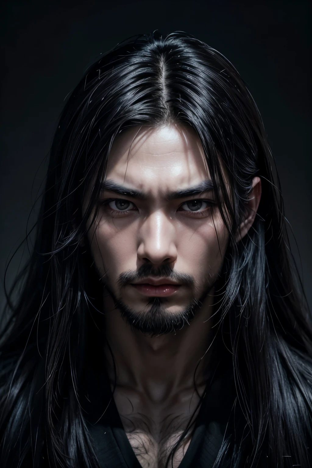 A japanese asian man with very long black hair, beautiful detailed eyes, detailed small nose, detailed lips, black low beard, longeyelashes, serious expression, detailed facial features, dramatic lighting, digital art, hyper realistic, cinematic, intricate details, chiaroscuro, dark moody atmosphere, muted color palette, dramatic shadows, with black clothes