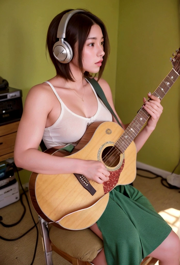 A sexy girl is playing an acoustic guitar in a room that looks unkempt and messy, he wears big headphones in her ears, has short hair, (( stocky, muscular )), and has tattoos on his arms.
