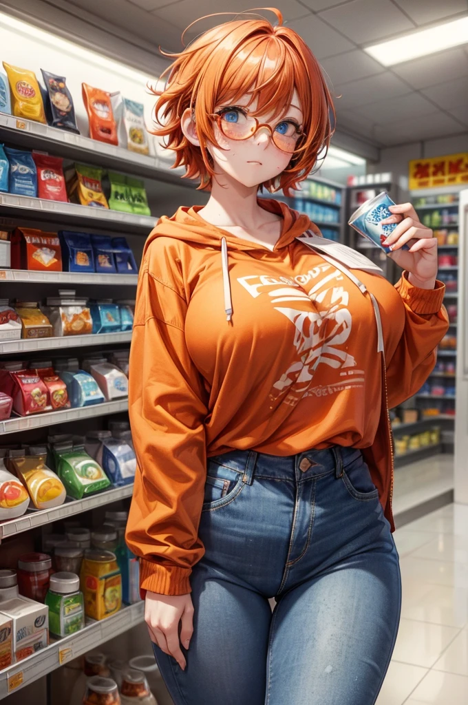 Solo, 1Female, (Short Fluffy Messy Hair, Bobcut with Long Sideburns, Red/Orange Hair Colour), Blue Eyes, Cute Face, ((Freckles on Cheeks)), Average Breasts, Wide Hips, Thick Thighs, Curvy Figure, Reddish-Orange Hoodie, Tight Blue Jeans, ((Thin Cute Glasses)), Timid Expression, Soft Blush, Timid Pose, ((Standing in Convenience Store)), (Masterpiece, 4K Quality, Perfect Anatomy, Perfect Hands)
