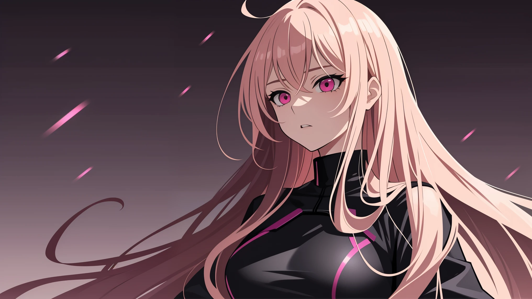 adult woman, pink eyes, long blonde hair, black-pink plugsuit, furious