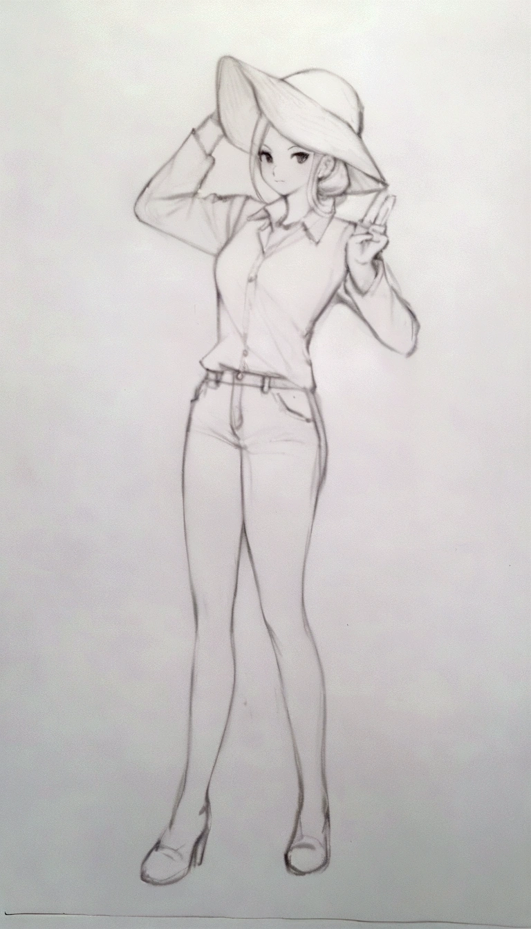 drawing of a woman in a hat and jeans posing, full - length portrait of a short!, character posing, outlined!!!, character posing for concept art, character full body drawing, Full body drawing, !!full - length portrait!!, masculine pose, no shading, full body concept, thick outline, pose de pin-up, character full body, pose casual, full character