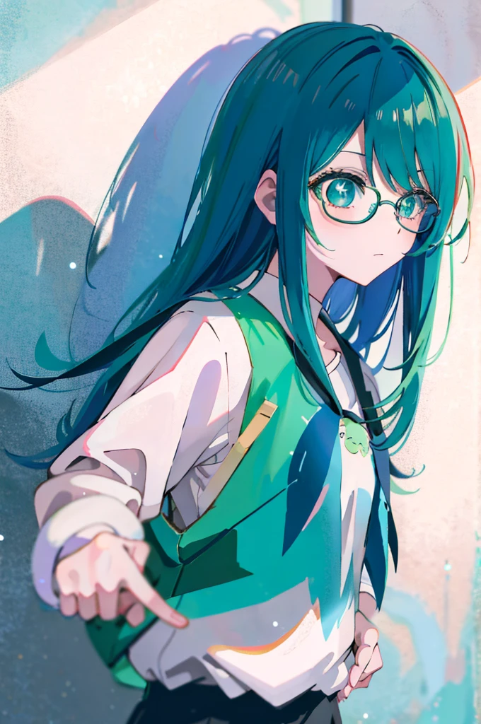 Anime girl with green hair and glasses holding a mobile phone, mikudayo, Anime style portrait, Anime Moe Art Style, 2D Anime Style, Wearing glasses, Anime Girl Portrait, Anime Portrait, With index finger, Turquoise hair anime girl, Anime Girl Portrait, Anime Girl Profile, Anime Girl Portrait, Anime art style, beautiful Anime Portrait