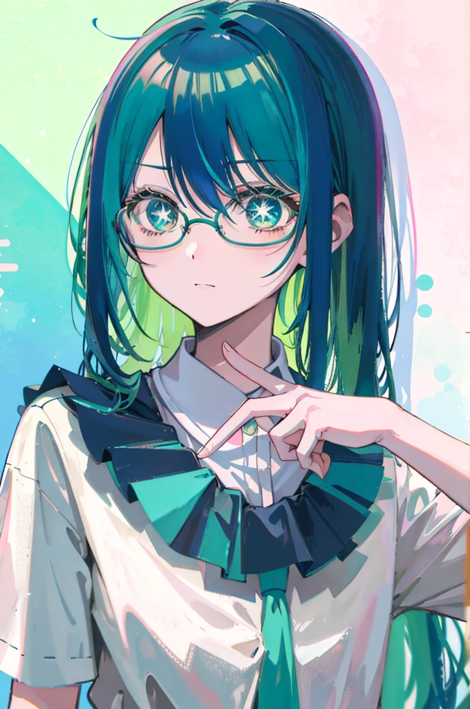 Anime girl with green hair and glasses holding a mobile phone, mikudayo, Anime style portrait, Anime Moe Art Style, 2D Anime Style, Wearing glasses, Anime Girl Portrait, Anime Portrait, With index finger, Turquoise hair anime girl, Anime Girl Portrait, Anime Girl Profile, Anime Girl Portrait, Anime art style, beautiful Anime Portrait