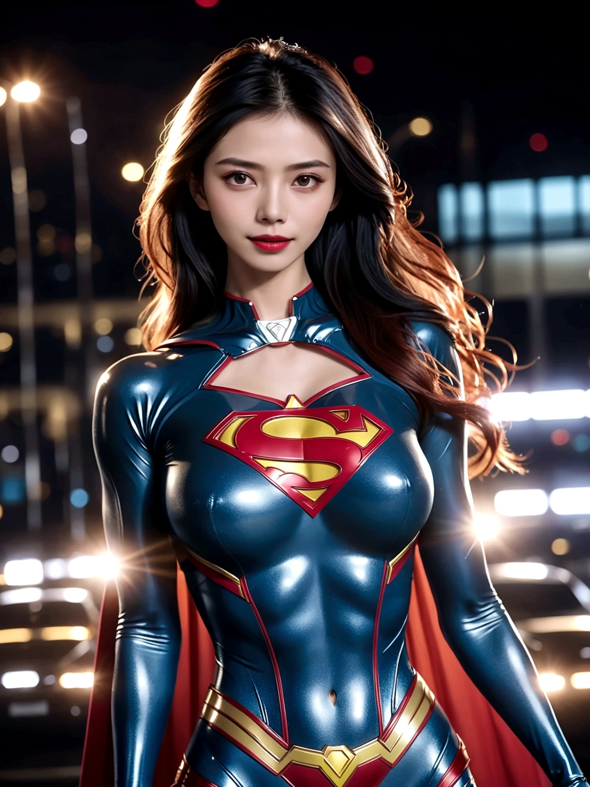 a close up of a asia woman in a superman costume standing on a cityscape, amouranth as a super villain, super photo realistic, realistic cosplay, super photo-realistic, ultra mega super hyper realistic, super-hero girl, super realistic photo, superhero body, highly detailed giantess shot, supergirl, superhero, superhero portrait, super model, super hero, super photorealistic, gigantic breasts, showing Vulvas muscular body, sexy body,
