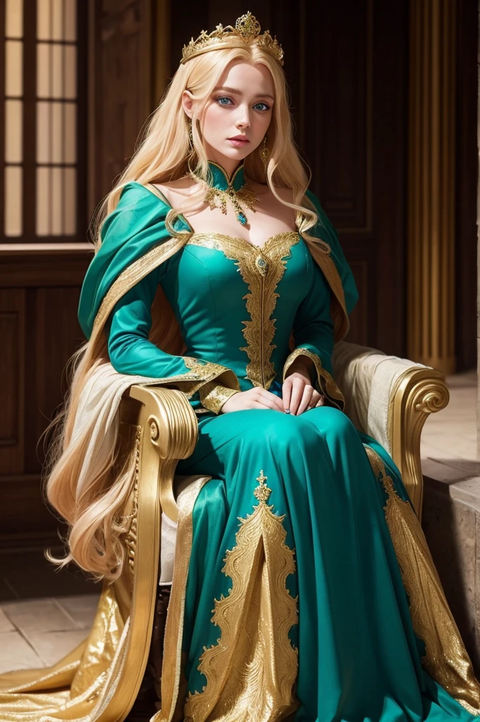 A beautiful medieval queen, with golden hair, and blue eyes, green dress
