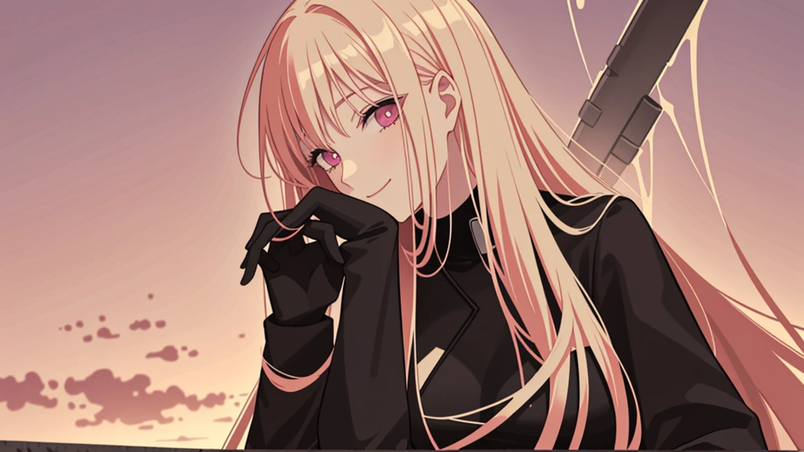 adult woman, pink eyes, long blonde hair, black-pink plugsuit, smile