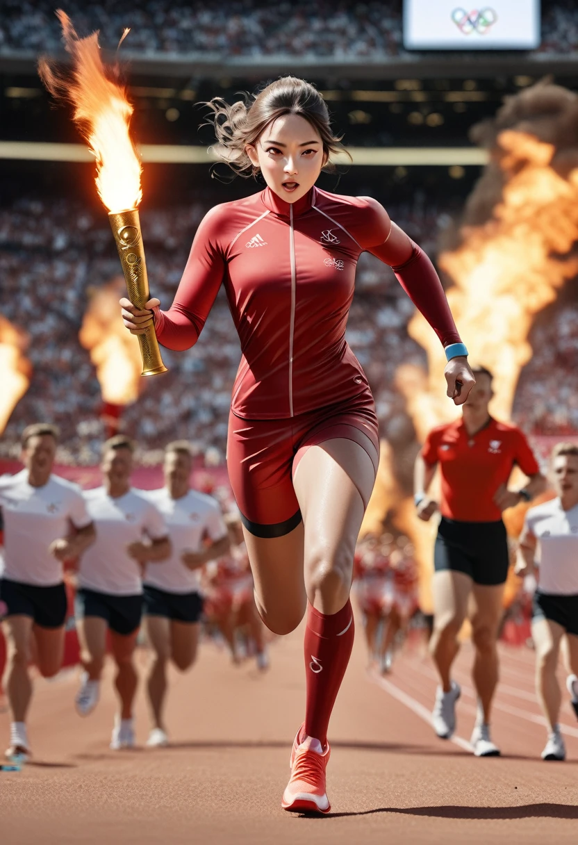  running, running 追踪, Tracking and field,，Athletes holding torches，Olympic torch，Accelerate cloud deployment，Delicate face，Anatomically correct，Reasonable ingredients，masterpiece，high quality，16K，Ultra HD resolution，photorealistic, photo, masterpiece, Practical, realism, photorealism,