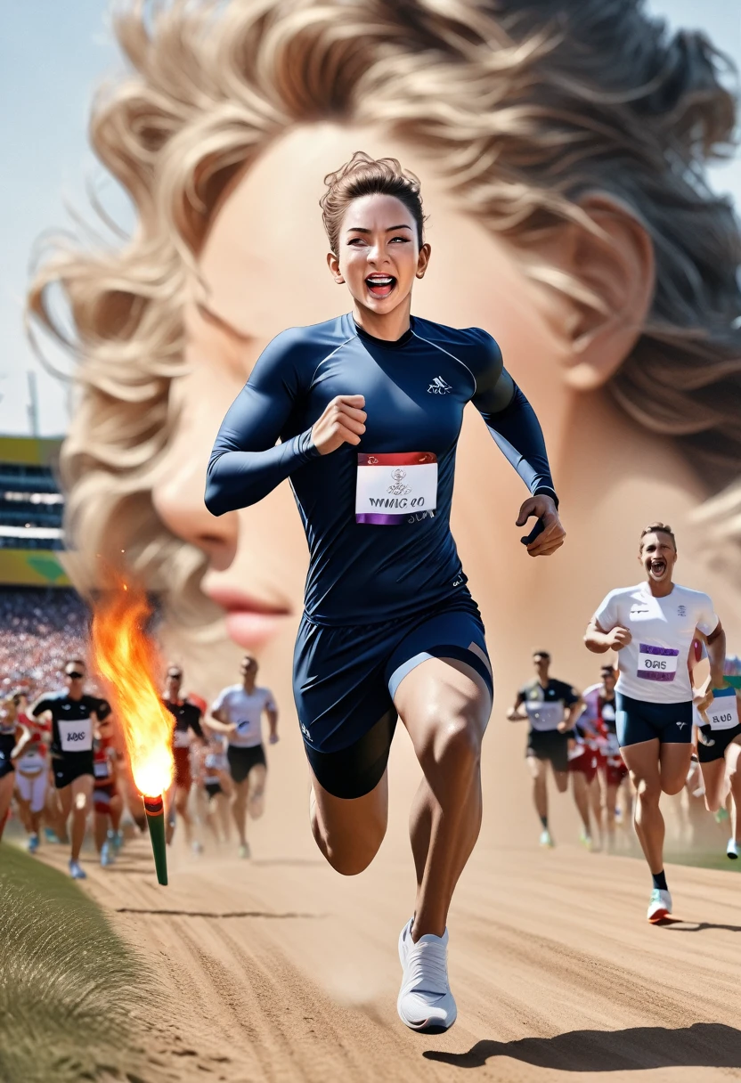  running, running 追踪, Tracking and field,，Athletes holding torches，Olympic torch，Accelerate cloud deployment，Delicate face，Anatomically correct，Reasonable ingredients，masterpiece，high quality，16K，Ultra HD resolution，photorealistic, photo, masterpiece, Practical, realism, photorealism,
