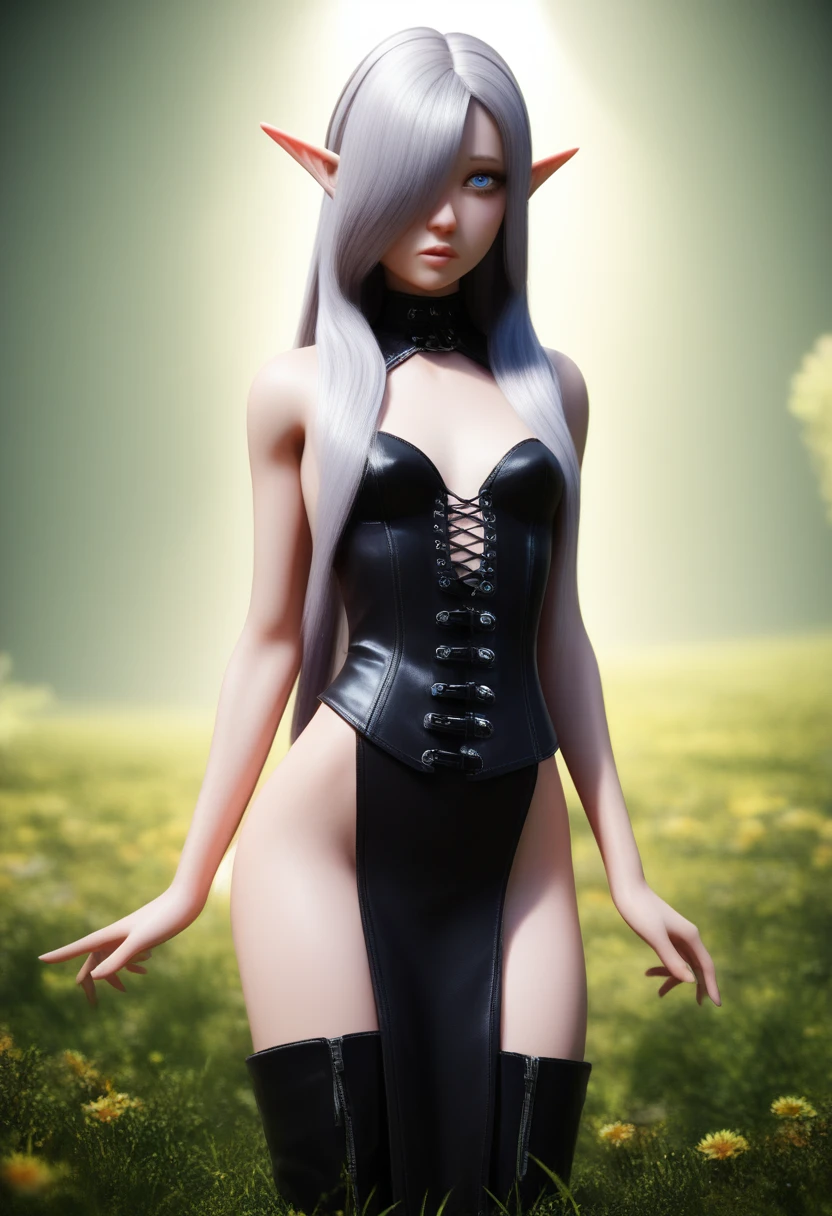 A detailed gnome girl with pale skin, short stature, and very long silver hair that curls at the ends, covering one eye, with small breasts, pouty lips, and bright blue anime-style eyes with long lashes, wearing a leather corset, white puffy-sleeved shirt, and puffy cloth pants, leather bound boots, set in a windy fantasy landscape, (best quality,4k,8k,highres,masterpiece:1.2),ultra-detailed, dungeons and dragons, long elf ears,  girl, detailed skin and cloth textures, beautiful detailed face, intricate details, extremely detailed, 1girl, dynamic pose with hair covering one eye, shy personality