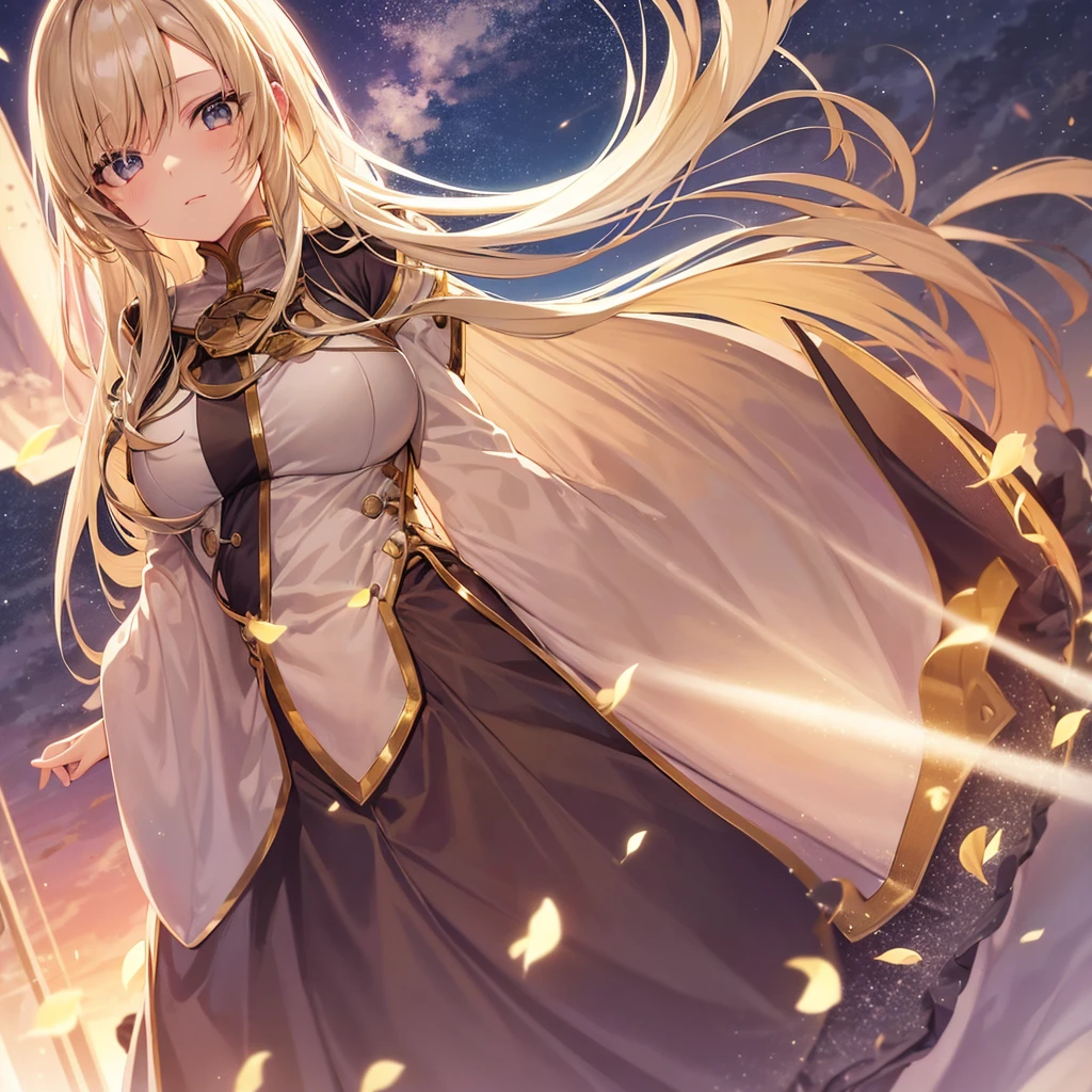 asuna,sao, crown half up hairstyle,, Girls' Front, leaning forward, girlan extremely delicate and beautiful girl, shiny platinum blonde hair, large breasts, overexposure, dusk sky,